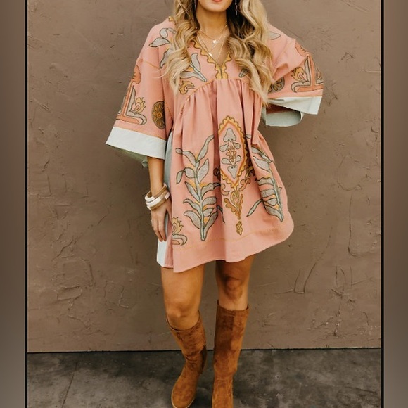 Pink Long Sleeve V Neck Floral boho bohemian Embroidered Dress - Picture 6 of 8